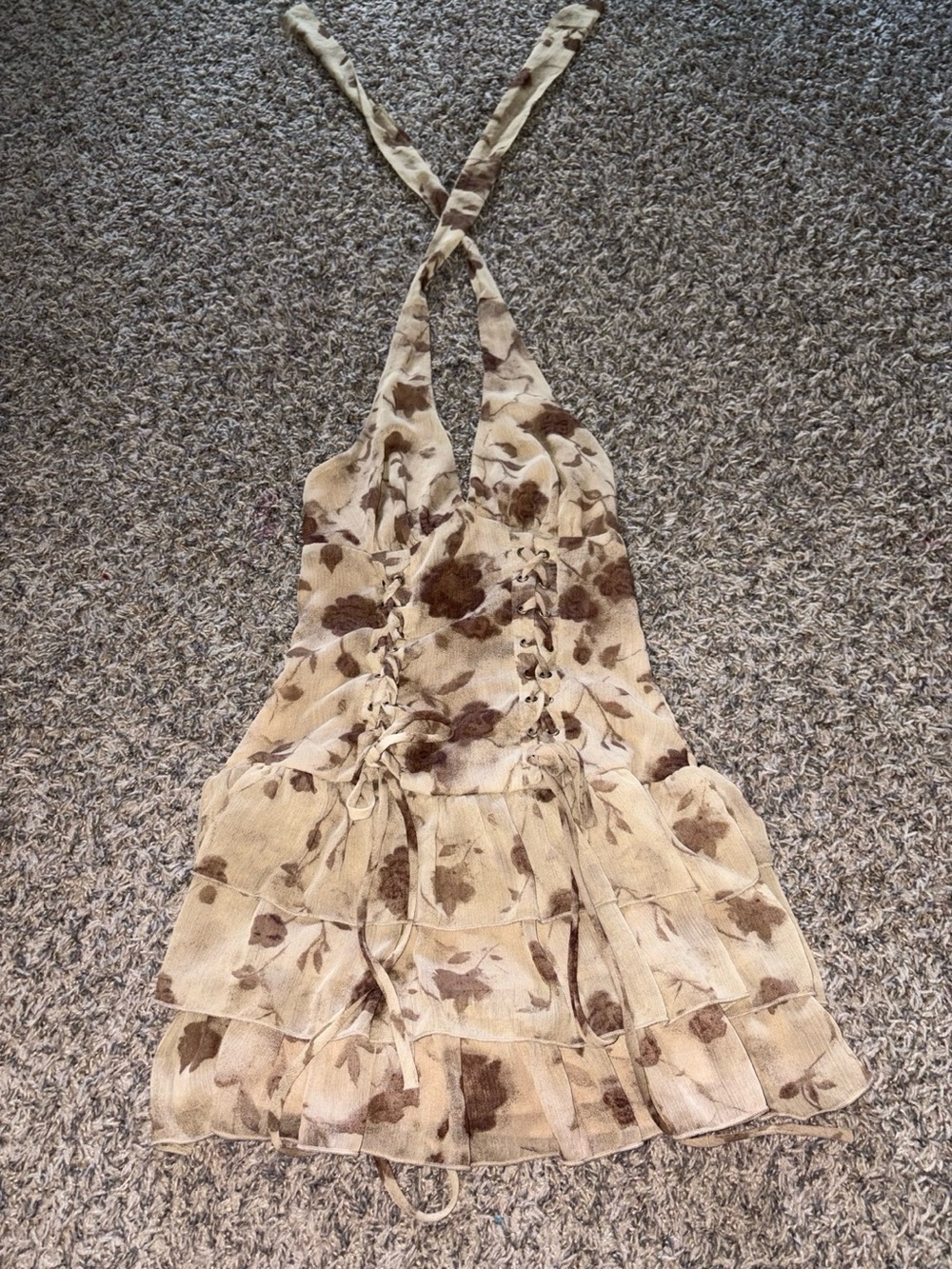 Girls Beige Floral Halter One-Piece Dress